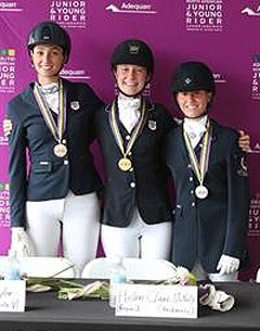 2015 NAJYRC Dressage Junior Individual Test medalists: Chloe Taylor (Bronze), Helen Claire McNulty (Gold), and Camille Bergeron (Silver) :: Photo © Sue Stickle