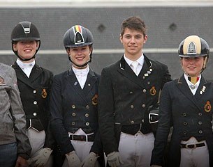The gold medal winning Belgian Junior team at the 2015 CDIO Saumur: chef d'equipe Laurence van Doorslaer with Laura Luyten, Antonia Arl, Numa Verberne, and Kate Wiggins :: Photo © Karin Leon