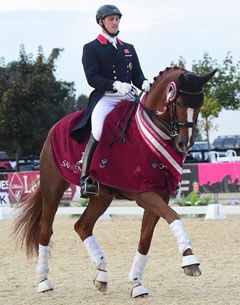 Michael Eilberg and Woodlander Farouche win the Inter I Championship at the 2015 British Dressage Championships :: Photo © Kevin Sparrow