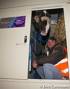 Olympic champion and World Cup title holder Valegro, who competes for the UK in partnership with Charlotte Dujardin, and his groom Alan Davies smile before boarding their flight to Las Vegas, USA :: Photo © Dirk Caremans