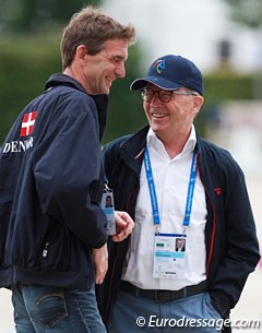 Danish team trainer Rudolf Zeilinger in conversation with Kjell Kirk Kristiansen, owner of LEGO and father of Agnete Kirk Thinggaard