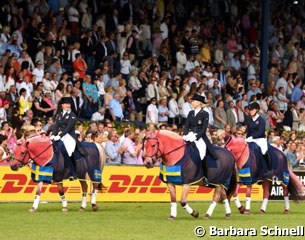 The Swedish team riders rode the Dala horses in the farewell to nations. Sweden was guest country of this year's (2016) Aachen edition