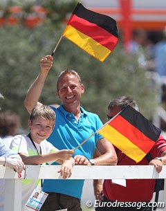 Johannes and son Mathis Westendarp rooting for the Germans. Daughter Alexa was Germany's fourth team rider