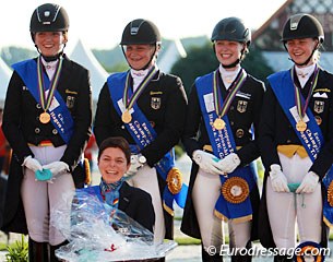 The German team, consisting of Florine Kienbaum, Juliette Piotrowski, Nadine Husenbeth, and Sanneke Rothenberger, win team gold at the 2016 European U25 Championships. Chef d'equipe Monica Theodorescu is all smiles :: Photo © A.Appels