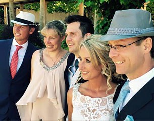 Carl Hester, Fiona Bigwood, Simon Staempfli, Amy Stovold, and Anders Dahl at Amy and Simon's wedding on 23 July 2016.