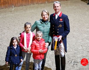 Carl Hester with sponsor Irina Zakhrabekova at the 2016 CDI Jerez Grand Prix prize giving