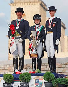 The Grand Prix podium at 2016 Hungarian Dressage Championships: Robert Acs, Nikolett Szalai, Emese Vagi :: Photo © Anett Somogyvari