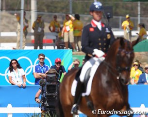 Nip Tuck's owner Jane de la Mare watching with full concentration to Carl Hester's ride