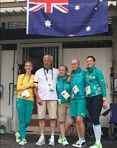 The Australian dressage team with Kristy Oatley, team trainer Ton de Ridder, Sue Hearn, Mary Hanna, and Lyndal Oatley