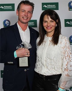 Carol Cohen presents the Global Dressage Visionary Award to Olympian Carl Hester at the Adequan Global Dressage Festival
