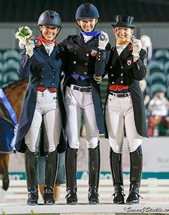 The kur podium at the 2016 CDIO Wellington Nations' Cup: Kasey Perry, Laura Graves, Belinda Trussell :: Photo © Sue Stickle