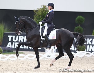 Adrienna Lyle on the very well trained, young GP horse Salvino. The passage is exceptional but needs to even out and in the tempi changes he still gets croup high