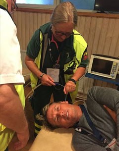 Carl Hester getting his ears syringued to fix temporary hearing loss at the 2017 European Dressage Championships