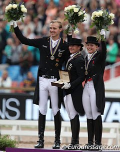 The kur to music podium with Rothenberger, Werth and Dufour at the 2017 European Dressage Championships :: Photo © Astrid Appels