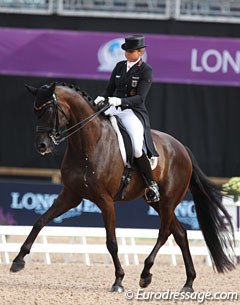 Dorothee Schneider and Sammy Davis Jr performed to tango music arranged in a fun and hip way. The young Bavarian gelding still needs to develop more strength from behind to stay fresh and strong during a long championship week