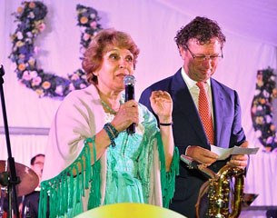 Show hosts Evelyn and Klaus Haim-Swarovski giving a speech on Saturday night's evening gala