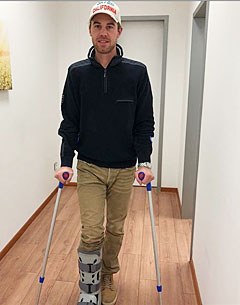 Benjamin Werndl in his fracture walker boot