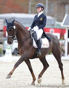 Belgian Lisa Morosini on Webbe. The talented Jazz is a good mover, but the contact with the bridle was very inconsistent with long reins and low hands, not steady on the withers. 