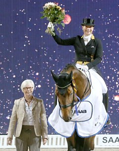 Judge Susanne Baarup with 2017 CDI Stockholm Grand Prix winner Isabell werth on Emilio :: Photo © Ronald Thunholm