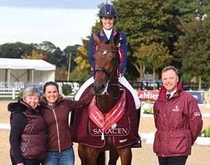 Owners Jill and Emma Blundell with Charlotte Dujardin on Mount St. John Freestyle after winning the Inter I title at the 2017 British Championships