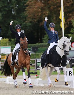 Shanna Baars and Micky Schelstraete in the lap of honour at the 2017 CDI Waregem :: Photo © Chris Coessens