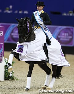Weihegold too hot to trot in the Grand Prix prize giving ceremony at the 2017 World Cup Finals :: Photo © Astrid Appels