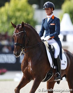 Cornelissen on Parzival's full brother Fleau de Baian (by Jazz x Ulft). He is chunkier than his brother, but very talented in trot and canter. They rode an accurate test, but the lateral suppleness and self carriage off the bit should improve