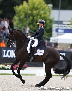 Lynne Maas on J. Borneman's Dutch warmblood Fantastique (by Vivaldi x Florencio). The old fashioned and heavy set, tall mare has a powerful but rather slow hind leg but she did her best for her rider