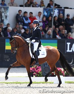 Ainhoa Prada Ortiz on Hannelinde (by Dream Boy x Sunny Boy). The mare has a spectacular silhouette and really lifts the legs, but the hindlegs do not consistently move under and lost balance on the curved lines. Interesting mare! though