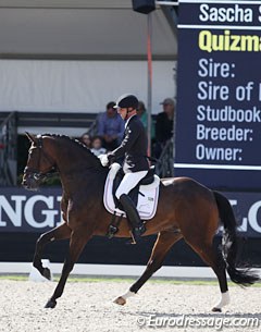 Sascha Schulz and Quizmaster (by Quasar de Charry x Velthen Third). The Hanoverian is still very green and lacked balance and self carriage. The rider constantly tapped with his ankles to drive him forwards