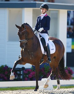 Dinja van Liere on Haute Couture (by Connaisseur x Krack C). Incredible shoulder freedom and lift in the forearm in trot. Haute Couture needed a swing a bit more through the back and chew on the bit. A score of 8.3 ranked them 10th