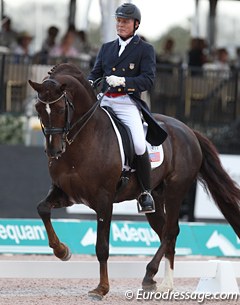 Jan Ebeling on Rassolini. This liver chestnut stallion with his big cresty neck is an eye catcher. The horse still needs to develop more self carriage and balance in the piaffe and passage though. Work in progress