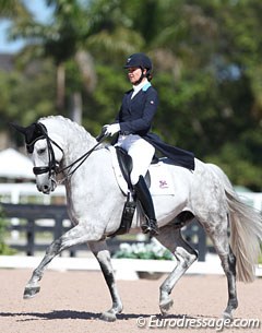Adrienne Lyle on Harmony's Duvall. He is bred by the Malone family at Harmony Sport Horses in Colorado and sold as a 4-year old to Bob McDonald. As a 7-year old he was owned by Pam Jones and now he's owned by Kylie Lourie of Tyl Dressage Horses