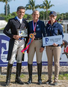 Dr. Cesar Parra (left) and Katie Riley (right) of Piaffe Performance present rider Kelly Parsons (center) with the Piaffe Performance Adult Amateur Achievement Award at the Adequan Global Dressage Festival