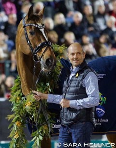 Lars Petersen and Mariett in the mare's retirement ceremony at the 2017 CDI Wellington :: Photo © Sara Hellner