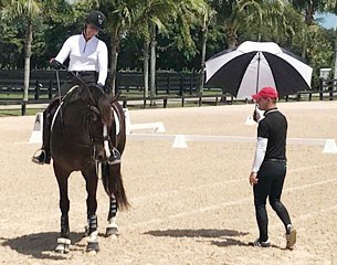 Tristan Tucker working with Eliane Cordia-van Reesema and Flynn during his showcase at Jewel Court Stud USA in Wellington, Florida