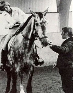 American Elizabeth Felgendreher trying out an auction horse in Verden with young auction rider Ullrich Kasselmann assisting