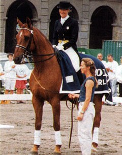 Charlotte Bredahl and Monsieur at the 1992 World Cup qualifier in Copenhagen, Denmark