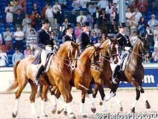 The 1994 WEG bronze medal U.S. team: Robert Dover on Devereaux, Kathleen Raine on Avontuur, Carol Lavell on Gifted, and Gary Rockwell on Suna :: Photo © Mary Phelps
