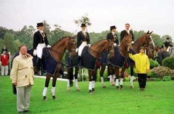 Ona de Wagenaere with Apollo, Dorothy Raemdonck with Mozart, Vicky Smits on Ilias (normally riding stallion Illuster), Frederik van de Keere on Heraldo