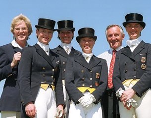 Madeleine Winter-Schulze, Isabell Werth, Ulla Salzgeber, Nadine Capellmann, Klaus Balkenhol, Alexandra Simons-de Ridder at the 1999 European Championships :: Photo © Karl Heinz Frieler