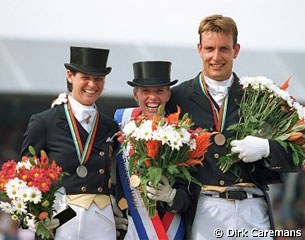 The 1999 European Dressage Championship podium Ulla Salzgeber (silver), Anky van Grunsven (gold), Arjen Teeuwissen (bronze).