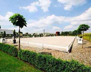 The state of the art outdoor dressage arena (20 x 60m) at VIB Stables in Poppel, Belgium