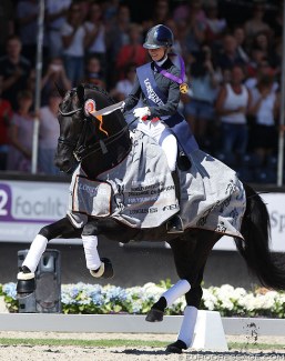 Charlotte Fry and Glamourdale win the 7-year old Finals at the 2018 World Young Horse Championships :: Photo © Astrid Appels