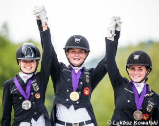 Anna Middelberg, Valentina Pistner and Jana Lang on the Kur podium at the 2020 European Junior Riders Championships :: Photo © Lukasz Kowalski