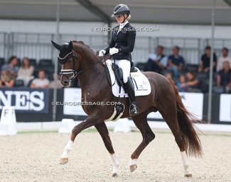 Mette Sejbjerg Jensen on For Royalty in the 4-year old challenge at the 2024 World Young Horse Championships :: Photo © Astrid Appels