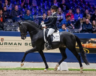 Kim Alting and Dark Rousseau at the 2023 KWPN Stallion Competition Finals in Den Bosch :: Photo © Dirk Caremans