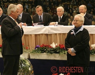 Hjordis Kamph honoured by the German Holsteiner society with Breido Graf zu Rantzau speaking about her accolades :: Photo © Ridehesten