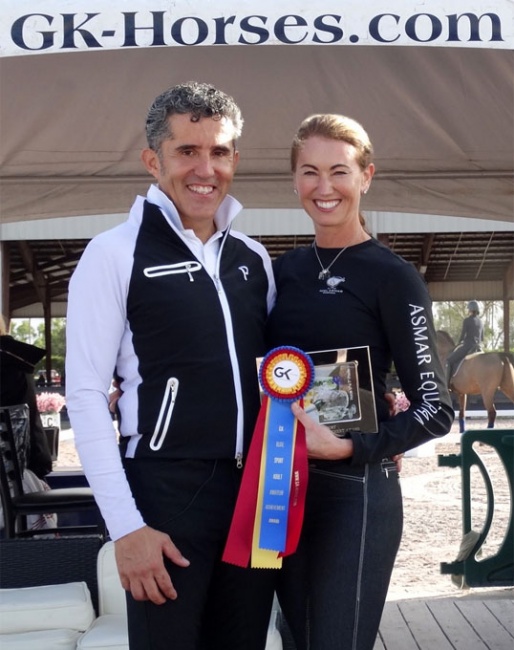 PJ Rizvi with Cesar Parra of GK Elite receiving the GK Elite Adult Amateur Achievement Award during week three of the 2018 Global Dressage Festiva