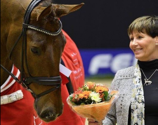 Jytte Kolster with her home bred Jukebox (by Jazz x Rubinstein x Donnerhall), which won the 2016 Danish Warmblood Young Horse Championship :: Photo © Ridehesten